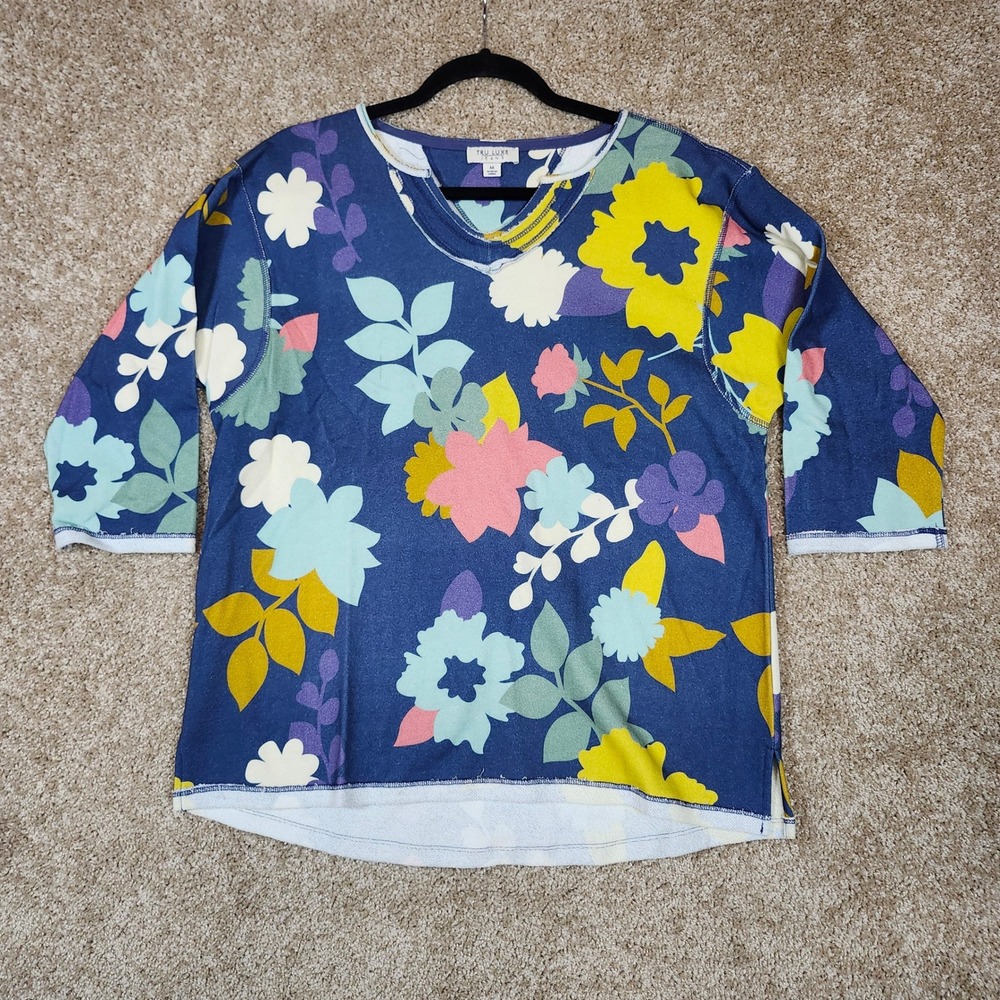 Tru Luxe Jeans Top Floral Blue 3/4 Sleeve V-Neck Casual Boho‎ M